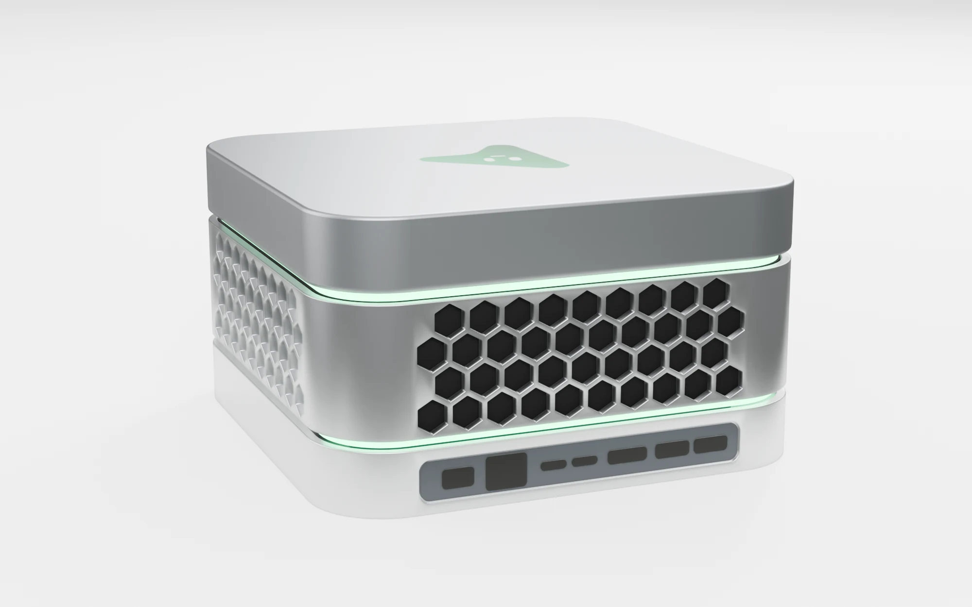 The back of the MausBox: ports on the bottom layer for power, Ethernet, USB4, HDMI and USB-A