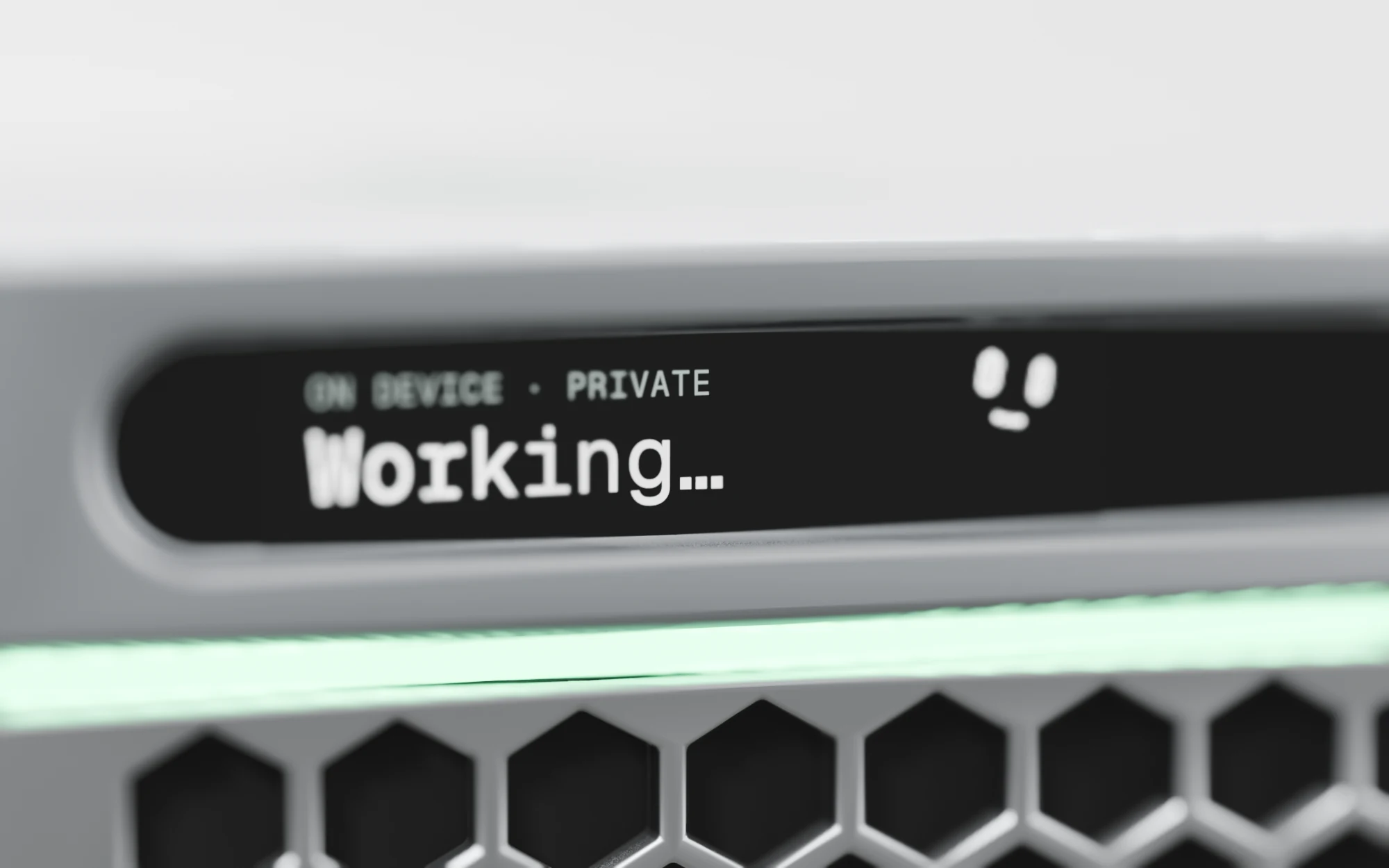 The MausBox display reading On device, private, working