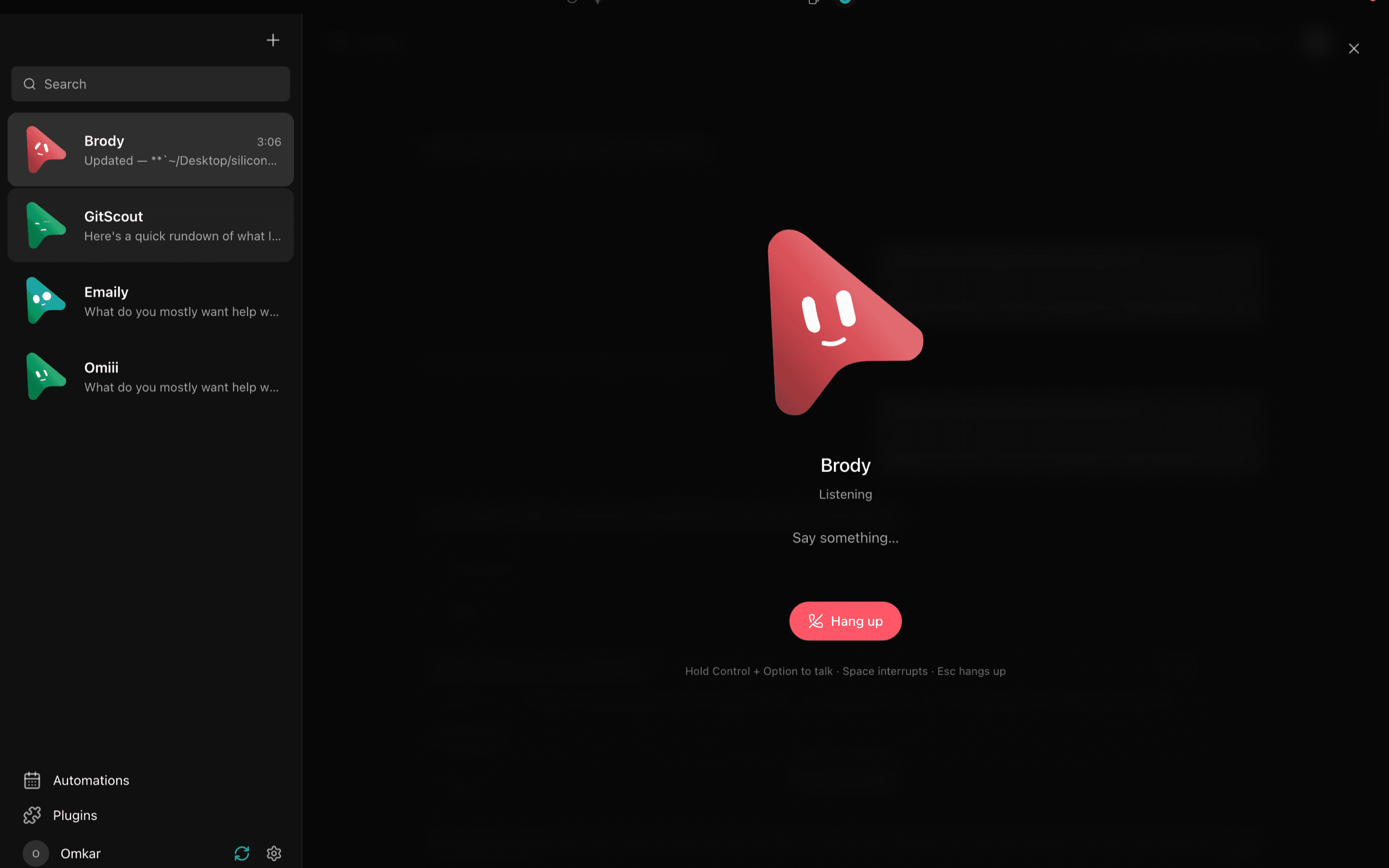 A bot on a voice call in MausBot, listening, with a hang up button