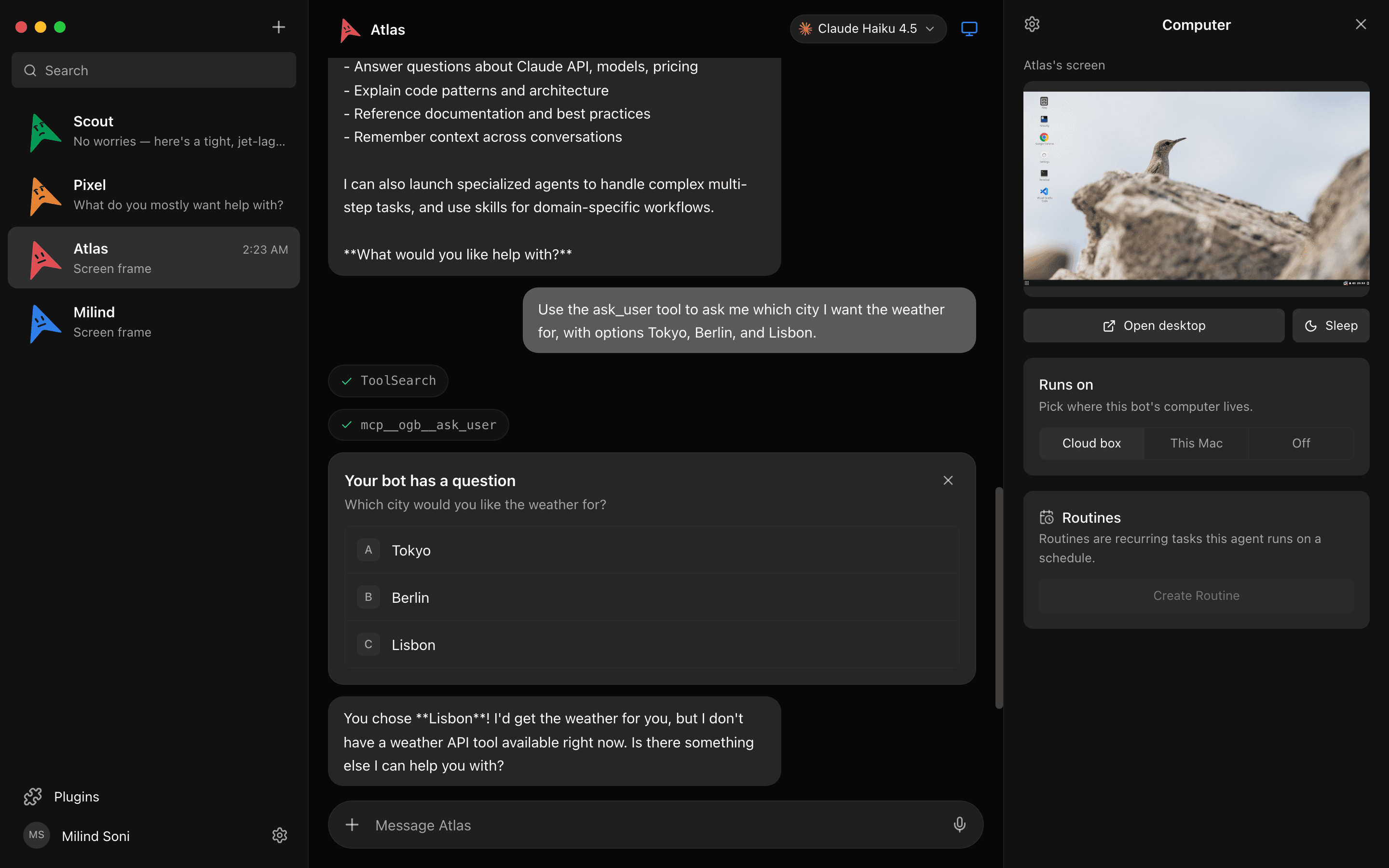 The computer panel with a live preview of a bot's cloud desktop