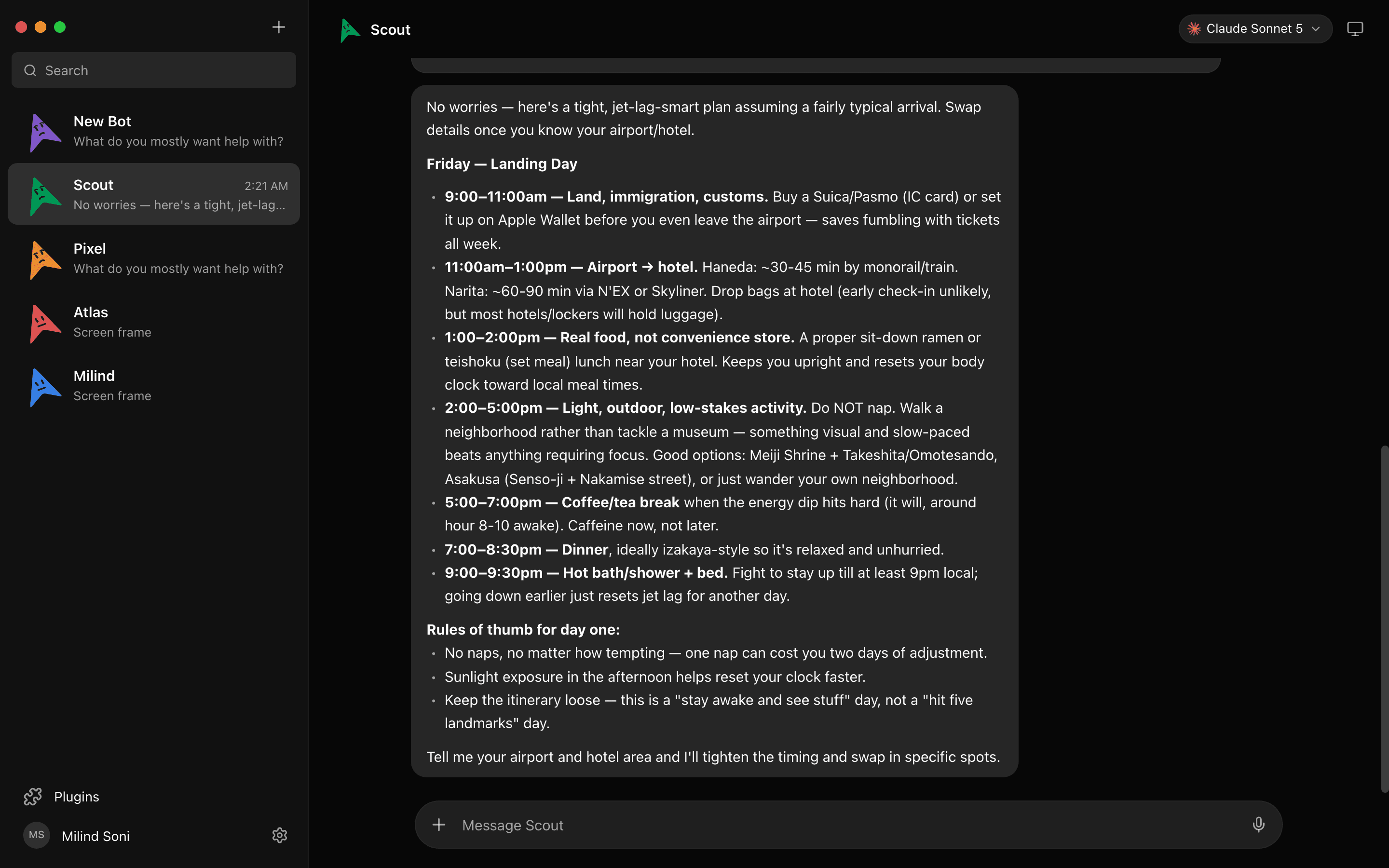 The OpenMausBot desktop app: a sidebar of AI bots beside an open conversation