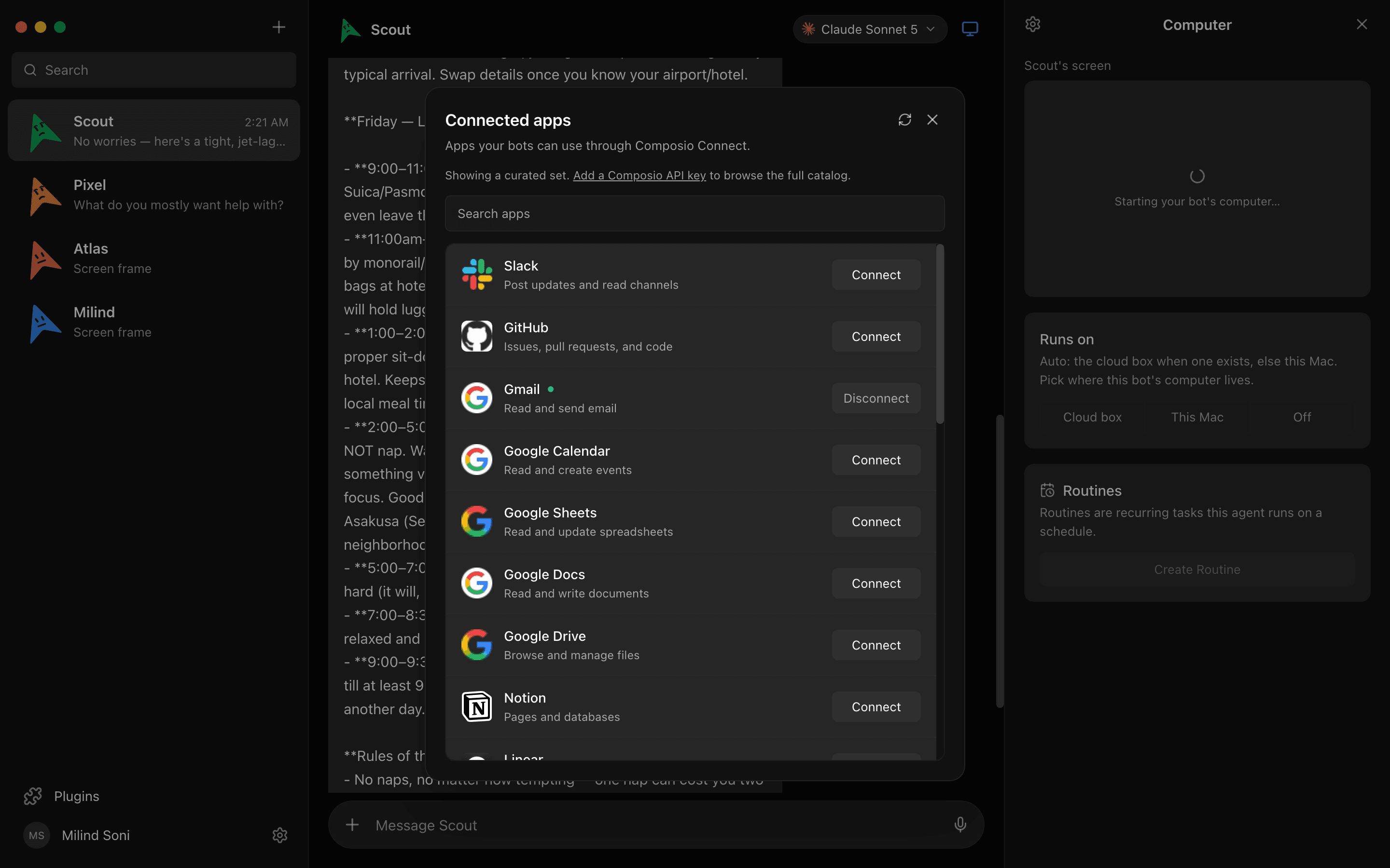 The MausBot connected apps marketplace with Gmail, Slack, Notion, and hundreds more apps over Composio